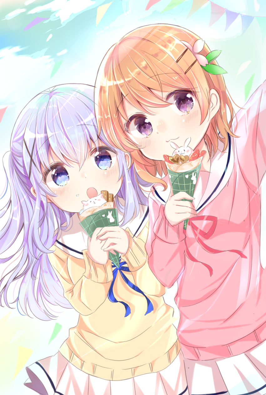 2girls :3 :o arm_up blouse blue_eyes blue_hair blue_ribbon blush breasts candy chocolate closed_mouth clouds commentary_request cowboy_shot cream crepe day food food_on_face fruit gochuumon_wa_usagi_desu_ka? hair_between_eyes hair_ornament hairclip heart heart-shaped_chocolate highres holding holding_food hoto_cocoa hoto_cocoa's_school_uniform kafuu_chino light_blue_hair long_hair long_sleeves looking_at_viewer miniskirt multiple_girls nanami_ayane_(kusunoki5050) neck_ribbon open_mouth orange_hair outdoors own_hands_together pink_shirt pleated_skirt rabbit red_ribbon ribbon sailor_collar school_uniform serafuku shirt short_hair single_stripe skirt small_breasts standing strawberry string_of_flags two_side_up violet_eyes white_sailor_collar white_skirt x_hair_ornament yellow_shirt