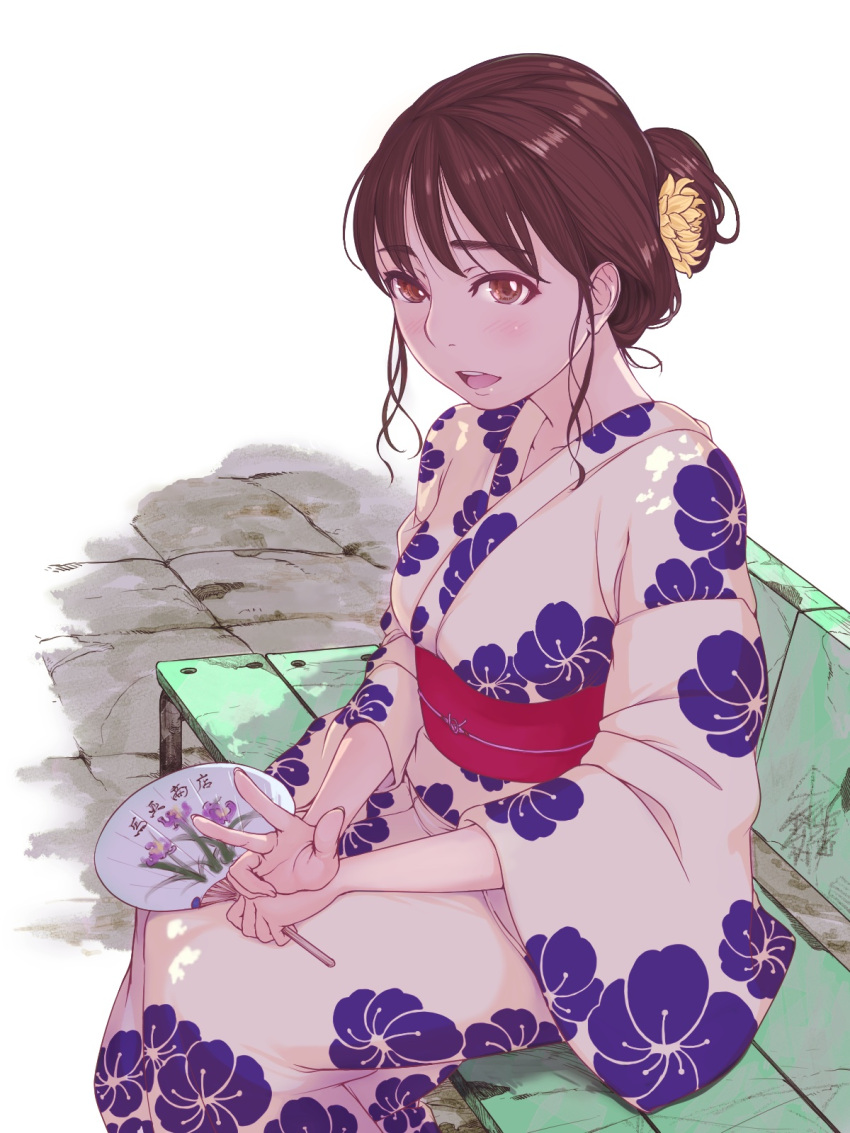 1girl 99aj brown_eyes brown_hair chrysanthemum commentary_request floral_print flower hair_bun hair_flower hair_ornament hand_fan hands_on_own_knees highres holding holding_fan japanese_clothes kimono looking_at_viewer loose_hair_strand obi obijime open_mouth original paper_fan pavement plum_blossom_print sash sitting sitting_on_bench solo teeth three-finger_salute uchiwa upper_teeth_only white_background yukata