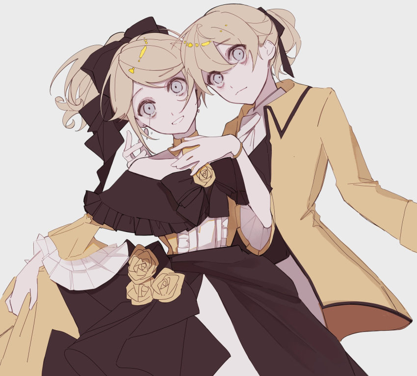 1boy 1girl aku_no_meshitsukai_(vocaloid) aku_no_musume_(vocaloid) allen_avadonia ascot bags_under_eyes bare_shoulders black_bow black_ribbon blonde_hair blue_eyes bow bracelet brother_and_sister choker collarbone collared_jacket collared_shirt constricted_pupils crying crying_with_eyes_open detached_sleeves dress dress_bow earrings evillious_nendaiki false_smile flower frilled_dress frilled_sleeves frills grey_background grin hair_bow hair_ribbon hand_on_own_chest high_ponytail highres jacket jewelry kagamine_len kagamine_rin koine2l23 looking_at_viewer miku_symphony_(vocaloid) off-shoulder_dress off_shoulder pale_skin ribbon riliane_lucifen_d'autriche rose runny_makeup shirt short_ponytail siblings skirt_hold smile streaming_tears swept_bangs tears twins updo vocaloid wide_sleeves yellow_choker yellow_dress yellow_flower yellow_jacket yellow_rose