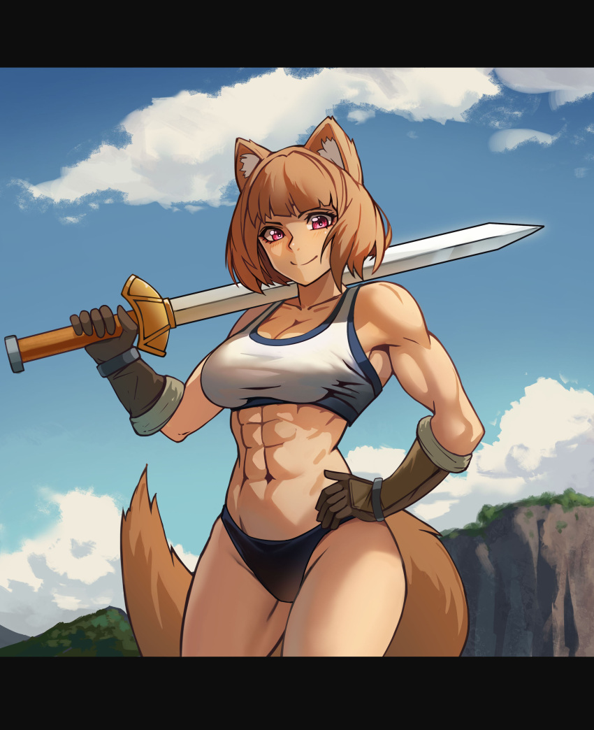 1girl abs absurdres animal_ears bare_hips bare_legs biceps breasts brown_gloves brown_hair chance8000 cleavage_cutout clothing_cutout elbow_gloves gloves highres hill holding holding_sword holding_weapon large_breasts light_smile looking_at_viewer midriff muscular muscular_female raccoon_ears raccoon_girl raccoon_tail raphtalia red_eyes short_hair sky sports_bikini sports_bra sports_panties sword tail tate_no_yuusha_no_nariagari weapon