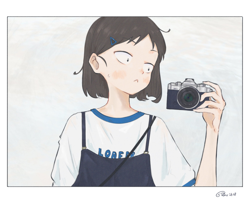 1girl :&lt; bob_cut border brown_hair camera clothes_writing commentary dated hair_ornament hairclip hand_up highres holding holding_camera iwakura_mitsumi light_blush looking_to_the_side shirt short_hair short_sleeves signature simuyutou skip_to_loafer solo t-shirt upper_body white_background white_border white_shirt