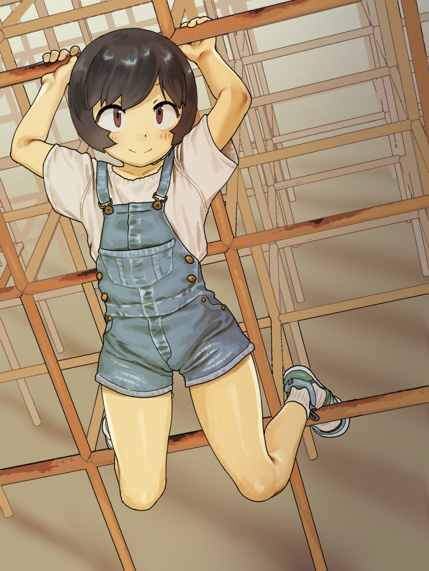 1girl 2equal8 black_hair blue_overalls brown_eyes closed_mouth day hanging_on highres medium_hair original outdoors overalls playground sawada_kanako shirt shoes short_sleeves shorts sneakers socks solo tomboy white_shirt