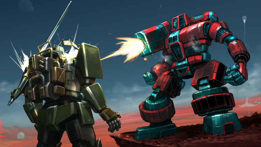 absurdres battletech clenched_hand commission contrail english_commentary firing highres hunchback_(battletech) ksenolog mecha no_humans open_hand robot science_fiction shadowhawk shoulder_cannon sky