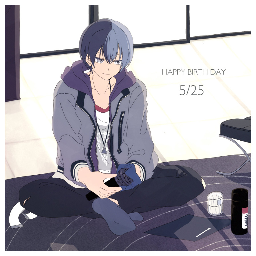 1boy aoyagi_touya black_pants blue_hair blue_socks cleaning closed_mouth collarbone crossed_ankles dated day feet full_body grey_eyes grey_jacket happy_birthday highres holding holding_cloth holding_microphone hood hood_down hooded_jacket indoors jacket jewelry male_focus microphone multicolored_hair no_shoes open_clothes open_jacket pants pendant print_shirt project_sekai purple_jacket shirt short_hair sidelocks sitting smile socks soles solo stool tile_floor tiles two-tone_hair watameki_(pixiv_33969409) white_shirt window