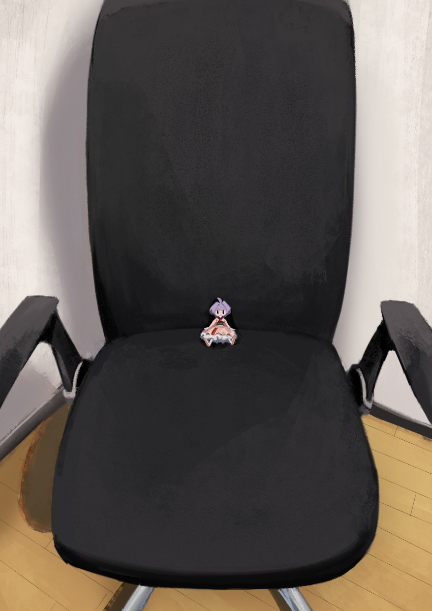1girl absurdres barefoot chair commentary dress frilled_dress frills highres indoors japanese_clothes kimono long_sleeves mini_person minigirl nanashi_nasi office_chair purple_hair short_hair sitting solid_oval_eyes solo sukuna_shinmyoumaru swivel_chair symbol-only_commentary touhou