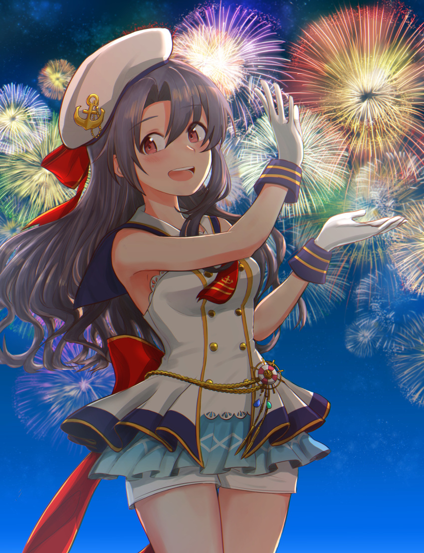 1girl absurdres aerial_fireworks alternate_hairstyle anchor_hat_ornament anchor_print arm_up bare_shoulders black_hair blush bow breasts cowboy_shot fireworks gloves hand_up hat hat_ornament highres idolmaster idolmaster_million_live! idolmaster_million_live!_theater_days long_hair looking_at_viewer medium_breasts neckerchief night night_sky open_hands open_mouth outdoors print_neckerchief red_bow red_eyes red_neckerchief red_ribbon ribbon shirt shorts sky sleeveless sleeveless_shirt smile solo standing takayama_sayoko teeth uesugi_(uesugismr) upper_teeth_only white_gloves white_headwear white_shirt white_shorts