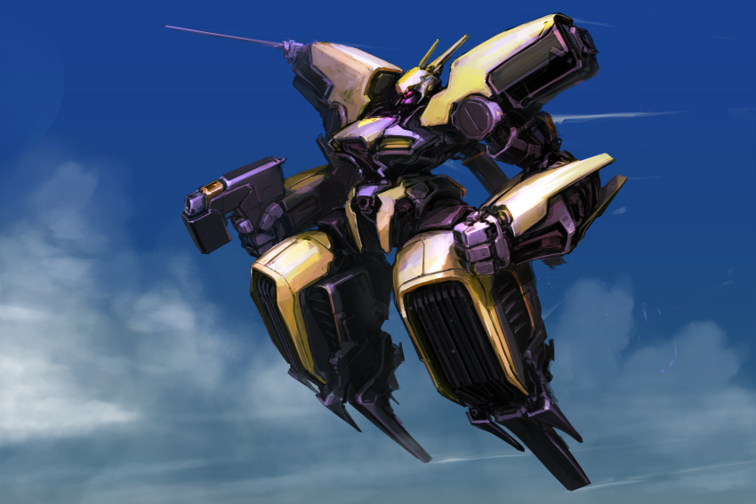 assault_visor clenched_hand clouds contrail english_commentary flying gun highres holding holding_gun holding_weapon ksenolog making-of_available mecha no_humans original robot science_fiction sky weapon