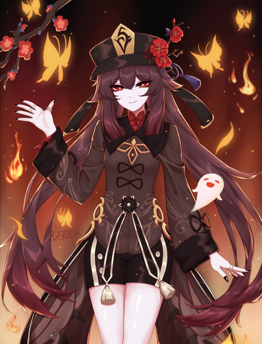 1girl black_headwear black_nails black_shorts boo_tao_(genshin_impact) branch brown_coat brown_hair closed_mouth coat coattails commentary cowboy_shot fire flower genshin_impact ghost hat hat_flower hat_tassel highres hu_tao_(genshin_impact) jewelry kfre_(gehm8472) long_hair long_sleeves looking_at_viewer multiple_rings red_eyes ring shorts smile solo symbol-only_commentary twintails