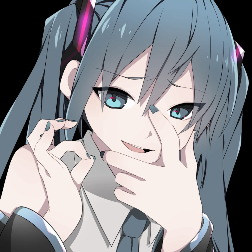1girl aqua_eyes aqua_hair aqua_nails bare_shoulders black_background collared_shirt detached_sleeves hair_between_eyes hair_ornament hand_on_own_face hatsune_miku highres long_hair looking_at_viewer nail_polish necktie ok_sign open_mouth ryuuga_sazanami shirt smile smirk solo twintails upper_body very_long_hair vocaloid