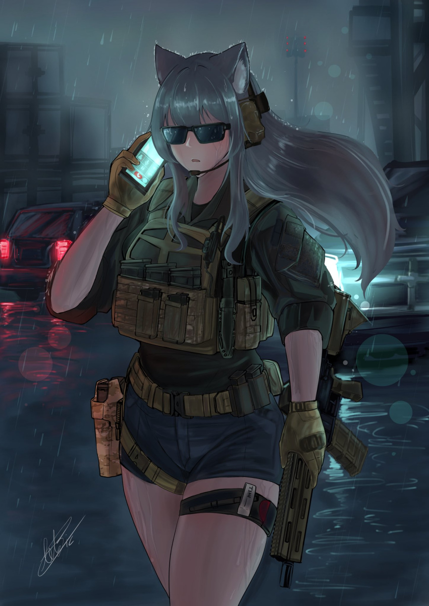 1girl animal_ear_fluff animal_ears arktic black_shirt blue_shorts brown_gloves building car cellphone commentary ear_protection english_commentary facing_viewer floating_hair gloves grey_hair gun headset highres holding holding_gun holding_phone holding_weapon long_hair motor_vehicle night original outdoors parted_lips phone puffy_short_sleeves puffy_sleeves rain shirt short_shorts short_sleeves shorts signature solo sunglasses very_long_hair weapon