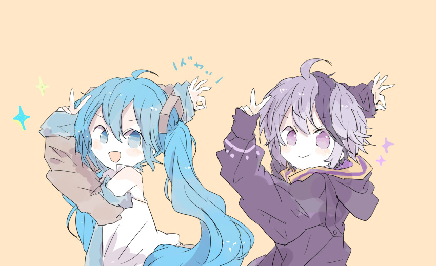 2girls :d absurdres ahoge arm_behind_head blue_eyes blue_hair blush chibi closed_mouth commentary_request detached_sleeves flower_(vocaloid) hair_between_eyes hair_ornament hatsune_miku highres hood hood_down jacket long_hair long_sleeves looking_at_viewer multicolored_hair multiple_girls ok_sign open_mouth purple_hair purple_jacket shirt short_hair simple_background sleeves_past_wrists smile star_(symbol) twintails two-tone_hair upper_body v very_long_hair violet_eyes vocaloid white_shirt xxxx_saki
