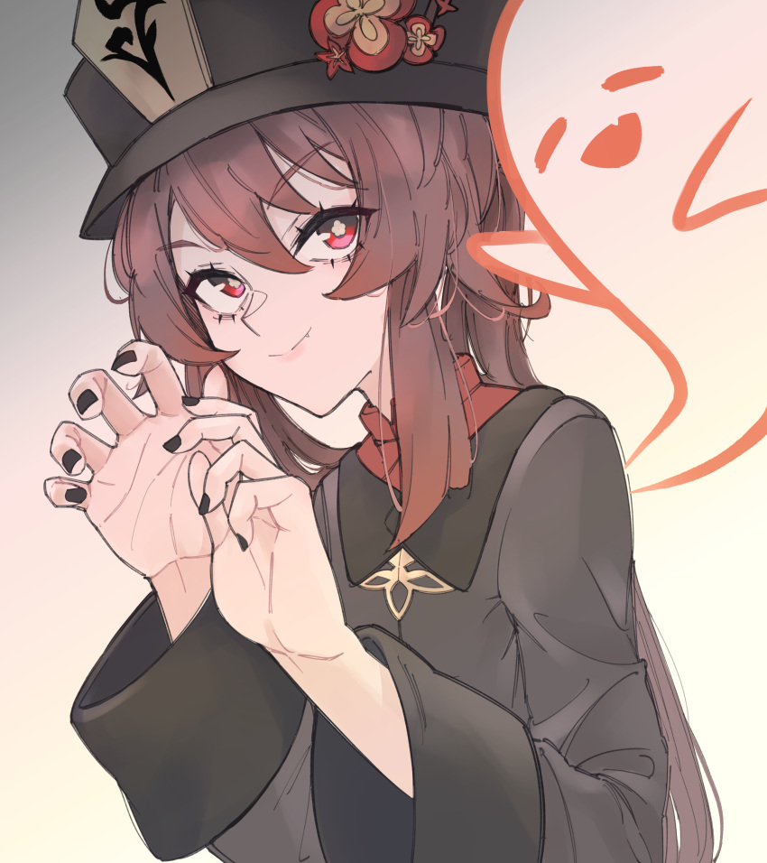 1girl absurdres black_coat black_headwear black_nails boo_tao_(genshin_impact) brown_hair closed_mouth coat fang flower flower-shaped_pupils genshin_impact ghost hair_between_eyes hat hat_flower highres hu_tao_(genshin_impact) long_hair long_sleeves looking_at_viewer neroid red_eyes simple_background smile solo symbol-shaped_pupils upper_body