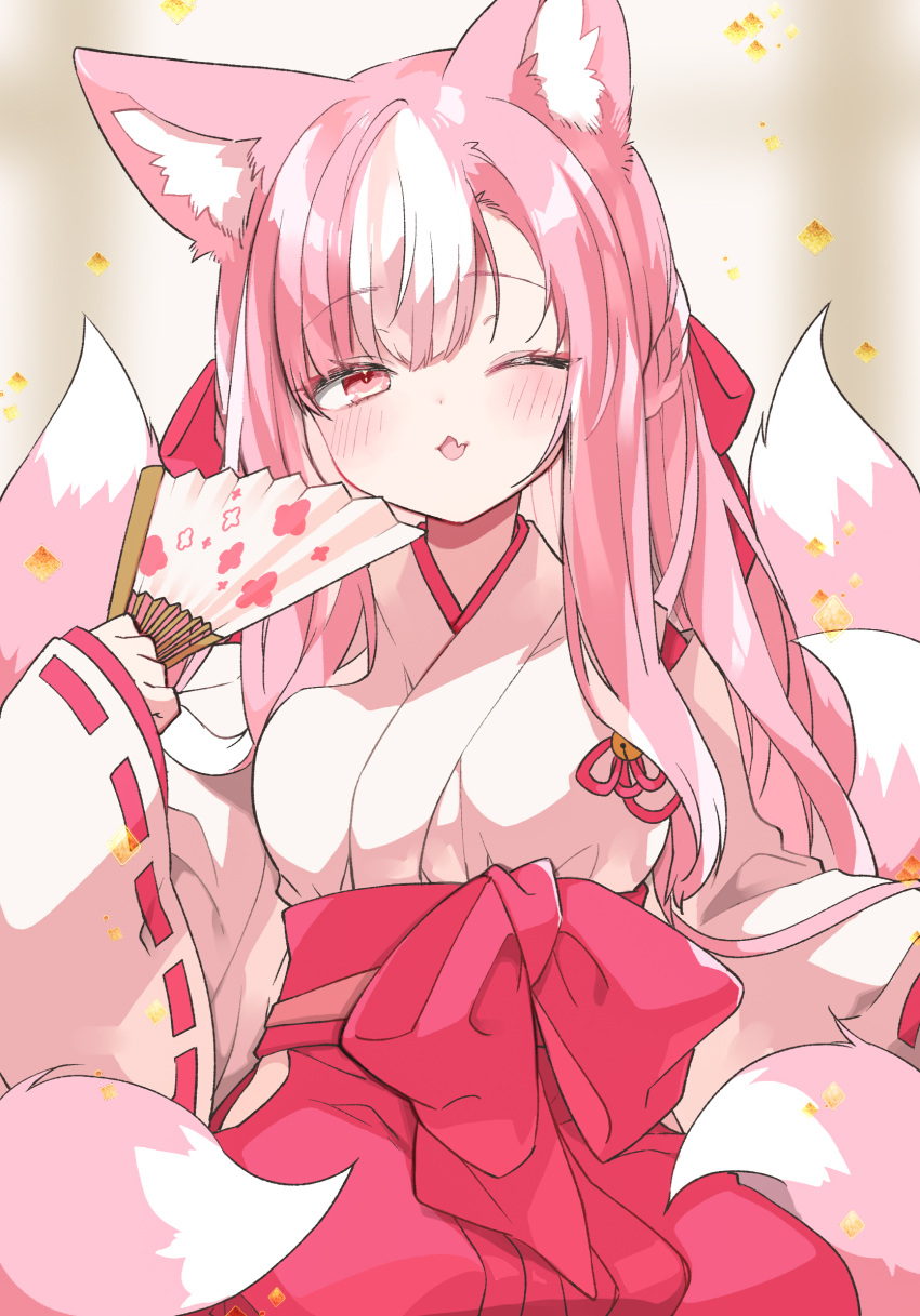 1girl animal_ear_fluff animal_ears bow braid fang floral_print folding_fan fox_ears fox_girl fox_tail hair_bow hair_ribbon hakama hand_fan highres holding holding_fan japanese_clothes kamiyoshi_rika light_blush long_hair looking_at_viewer miko multicolored_hair multiple_tails one_eye_closed open_mouth original pink_eyes pink_hair red_hakama red_ribbon ribbon ribbon-trimmed_sleeves ribbon_trim seiza sitting skin_fang smile solo tail two-tone_hair white_hair