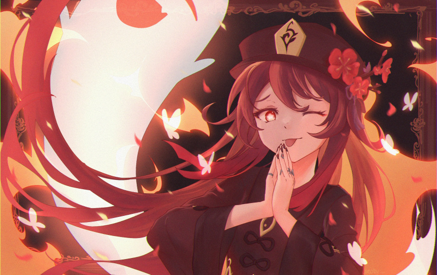 1girl ;p black_headwear black_nails boo_tao_(genshin_impact) bright_pupils brown_coat brown_hair coat english_commentary fire flower flower-shaped_pupils framed genshin_impact ghost hair_between_eyes hat hat_flower hat_tassel highres hu_tao_(genshin_impact) jewelry long_hair long_sleeves looking_at_viewer multiple_rings one_eye_closed orange_eyes own_hands_together ring seoby solo symbol-shaped_pupils tongue tongue_out upper_body white_pupils wide_sleeves
