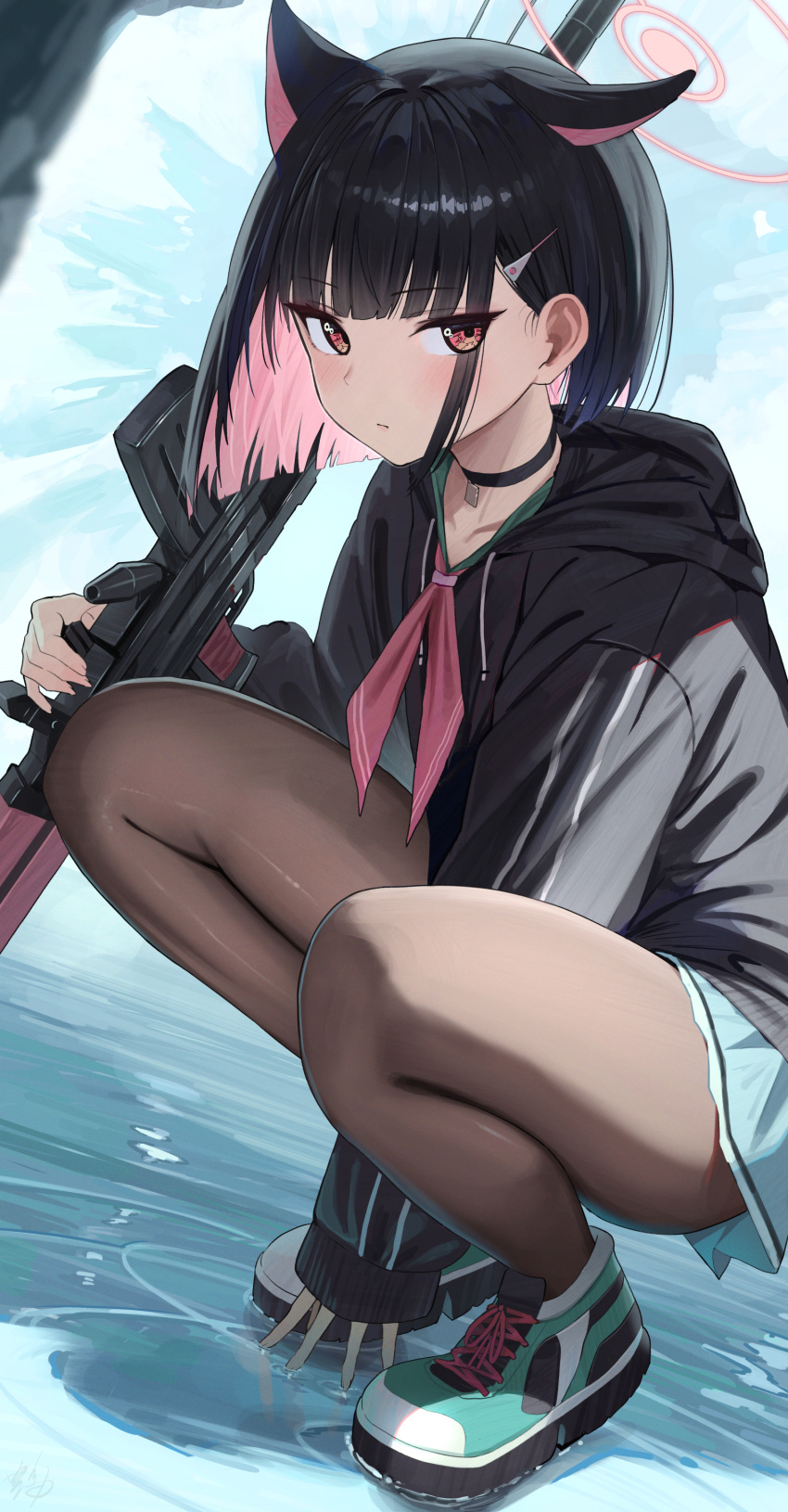 1girl absurdres animal_ears black_choker black_hair black_jacket black_pantyhose blue_archive blunt_ends blush cat_ears choker colored_inner_hair extra_ears gun hidulume highres holding holding_gun holding_weapon hood hooded_jacket jacket kazusa_(blue_archive) looking_at_viewer multicolored_hair pantyhose pink_eyes pink_hair school_uniform shoes short_hair sneakers solo squatting tiptoes two-tone_hair weapon