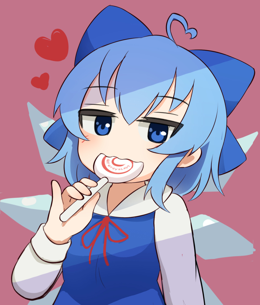 1girl ahoge blue_bow blue_eyes blue_hair bow candy cirno commentary detached_wings eating english_commentary ferdy's_lab food hair_bow heart heart_ahoge highres holding holding_candy holding_food holding_lollipop ice ice_wings lollipop long_sleeves looking_at_viewer short_hair simple_background solo touhou upper_body wings