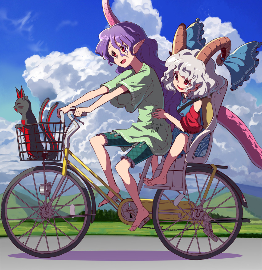 2girls animal barefoot bicycle blue_dress blue_ribbon cat clouds cloudy_sky day dress earrings green_shirt green_shorts grey_hair highres horn_ornament horn_ribbon horns jewelry kaenbyou_rin kaenbyou_rin_(cat) long_hair multiple_girls open_mouth outdoors pink_horns pointy_ears purple_hair red_eyes red_horns red_sleeves ribbon riding riding_bicycle sheep_horns shirt short_hair short_sleeves shorts single_horn sky smile syope tail tenkajin_chiyari touhou toutetsu_yuuma unfinished_dream_of_all_living_ghost