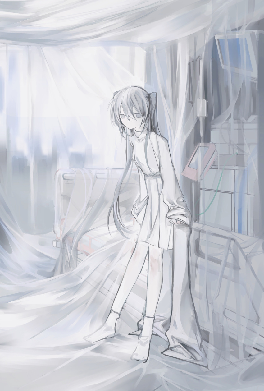 1girl absurdres bed cabinet grey_eyes grey_hair hair_between_eyes highres hospital hospital_bed iv_stand leaning long_hair long_sleeves looking_at_viewer monitor no_mouth no_shoes original shirt skirt socks solo television turtleneck twintails u-u_(uni_4040) white_shirt white_skirt white_socks