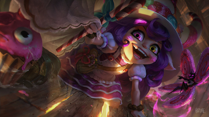 1girl :d apron artist_name bag bead_bracelet beads bittersweet_lulu bracelet candy candy_cane cane cupcake dress fairy fang food hat heterochromia highres holding holding_cane horace_h jewelry layered_dress league_of_legends long_hair lulu_(league_of_legends) nail_polish pink_eyes pix_(league_of_legends) puffy_short_sleeves puffy_sleeves purple_hair short_sleeves smile teeth tongue wings witch_hat yellow_eyes yordle