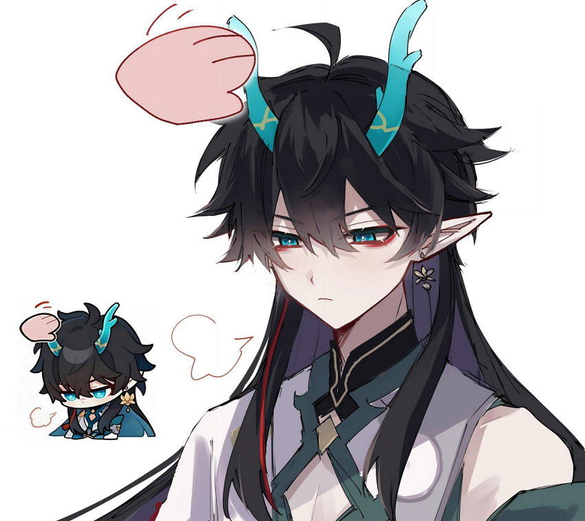 1boy absurdres aqua_eyes bare_shoulders black_hair chibi chinese_clothes dan_heng_(honkai:_star_rail) dan_heng_(imbibitor_lunae)_(honkai:_star_rail) dragon_horns earrings ego_(ego_inp) highres honkai:_star_rail honkai_(series) horns jewelry long_hair male_focus pointy_ears red_eyeliner simple_background solo upper_body white_background