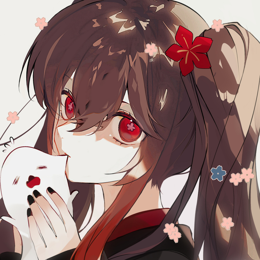1girl black_coat black_nails boo_tao_(genshin_impact) coat expressionless flower flower-shaped_pupils flying_sweatdrops genshin_impact hair_between_eyes hair_flower hair_ornament highres hu_tao_(genshin_impact) long_hair long_sleeves looking_at_viewer portrait red_eyes red_flower simple_background solo symbol-shaped_pupils twintails white_background wkwk0217