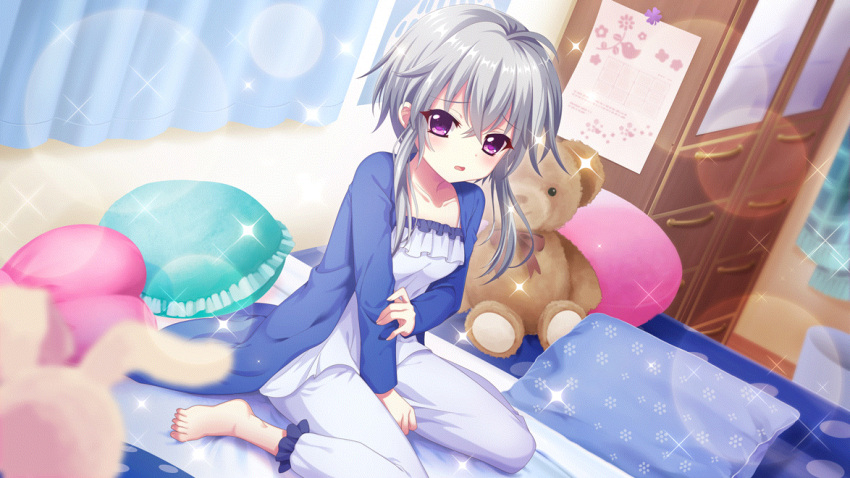 1girl bedroom between_legs blue_sweater blurry blurry_background blurry_foreground camisole chest_of_drawers clover collarbone curtains dot_nose dutch_angle film_grain floral_print four-leaf_clover game_cg grey_hair hand_between_legs hand_on_own_arm heart heart_pillow ichijou_ruka indoors izumi_tsubasu lens_flare long_sleeves looking_at_viewer non-web_source official_art on_bed open_mouth pajamas pants paper pillow plaid plaid_curtains polka_dot re:stage! short_hair_with_long_locks sitting solo spaghetti_strap sparkle stuffed_animal stuffed_rabbit stuffed_toy sweater teddy_bear trash_can violet_eyes wariza white_camisole white_pants