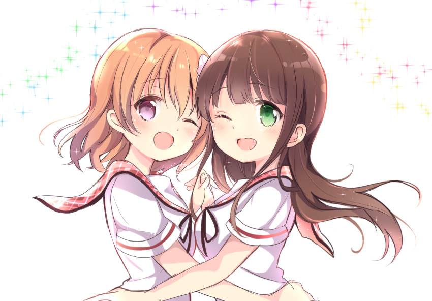 2girls ;d black_ribbon blunt_bangs blush breasts brown_hair commentary_request from_side gochuumon_wa_usagi_desu_ka? green_eyes hair_ornament hand_on_another's_waist highres holding_hands hoto_cocoa hoto_cocoa's_school_uniform interlocked_fingers long_hair looking_at_viewer medium_breasts medium_hair multiple_girls nanami_ayane_(kusunoki5050) neck_ribbon one_eye_closed open_mouth orange_hair plaid_sailor_collar red_sailor_collar ribbon sailor_collar school_uniform serafuku shirt short_sleeves simple_background small_breasts smile sparkle ujimatsu_chiya upper_body violet_eyes white_background white_shirt