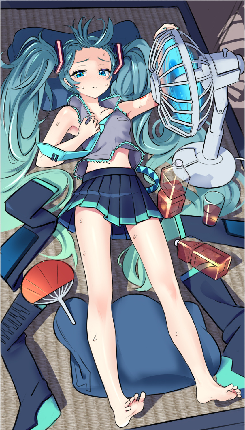 1girl absurdres aqua_eyes aqua_hair back bare_shoulders barefoot black_skirt blush boots boots_removed bottle clothes_pull cup detached_sleeves feet from_above full_body hair_ornament hatsune_miku highres legs long_hair looking_at_viewer lying midriff navel necktie pillow pleated_skirt shirt shirt_pull skirt sleeveless sleeveless_shirt solo spread_toes sweat tea tm_(hanamakisan) toes twintails underwear very_long_hair vocaloid