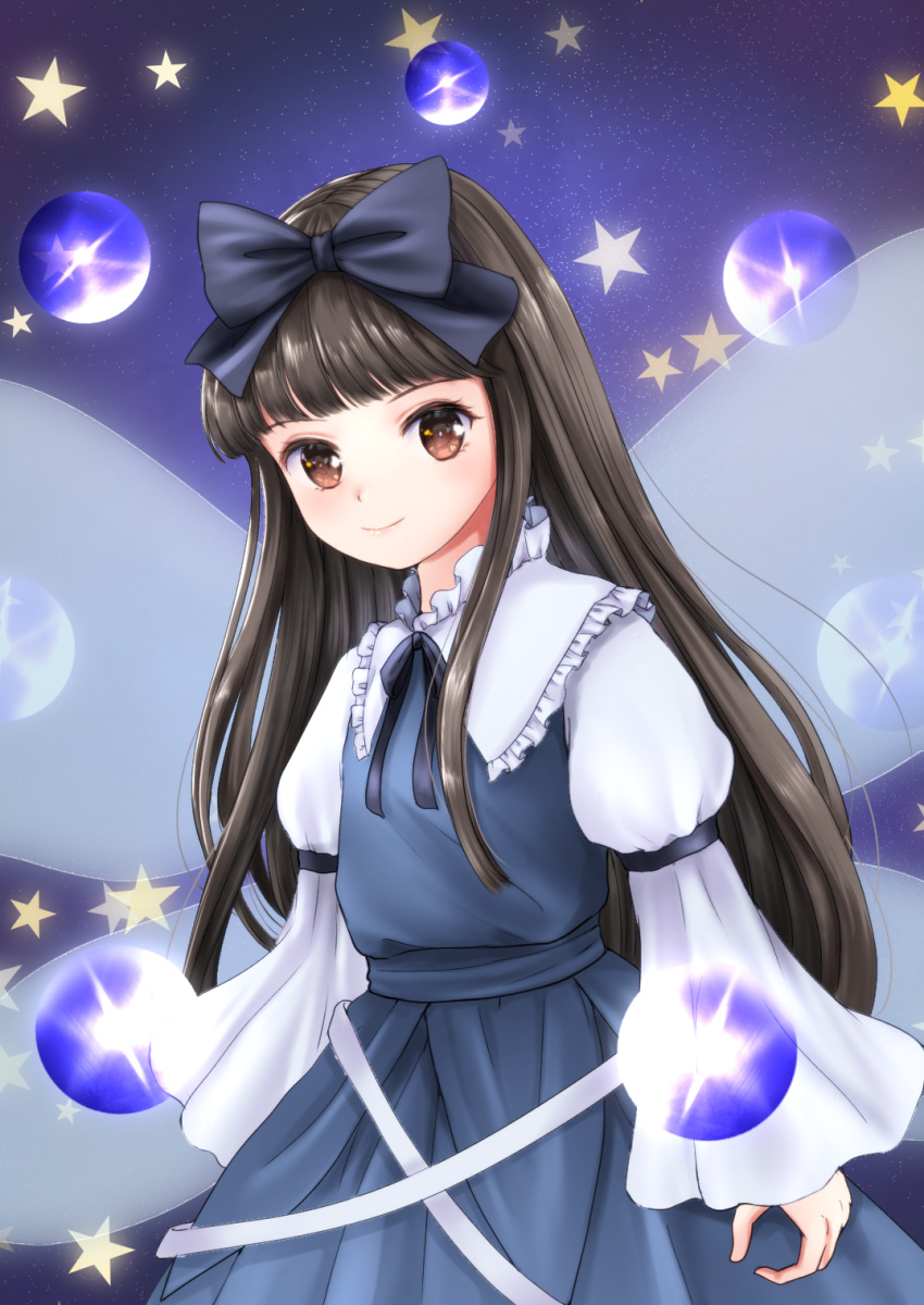 1girl arms_at_sides black_hair blue_bow blue_dress blunt_bangs bow brown_eyes commentary_request cowboy_shot danmaku dress fairy_wings flat_chest frilled_shirt_collar frills hair_bow highres juliet_sleeves kyabekko light_blush light_smile long_hair long_sleeves looking_at_viewer puffy_sleeves sidelocks sleeves_past_wrists solo star_(symbol) star_sapphire touhou very_long_hair wide_sleeves wings