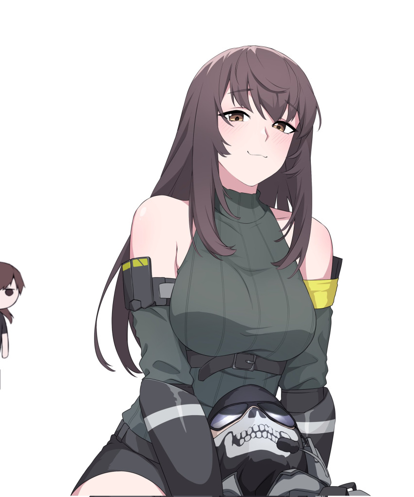 brown_eyes brown_hair call_of_duty call_of_duty:_mobile chibi chibi_inset cosplay dusk_(call_of_duty:_mobile) ghost_(modern_warfare_2) girls_frontline gloves highres long_hair looking_at_viewer m4a1_(girls'_frontline) m4a1_(girls'_frontline)_(cosplay) m4a1_(mod3)_(girls'_frontline) mask mizushima_naomi narchiart skull_mask tagme