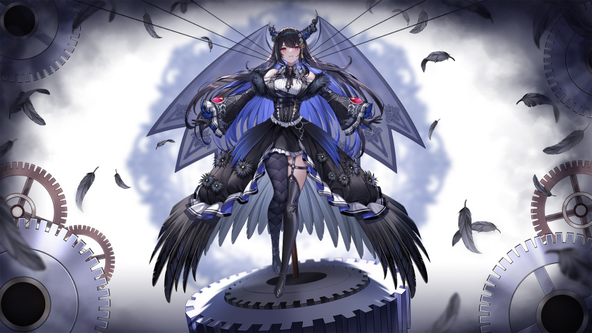 1girl asymmetrical_horns bare_shoulders black_hair blue_hair breasts colored_inner_hair demon_horns dress fur_trim hair_ornament highres hololive hololive_english horns large_breasts long_hair looking_at_viewer lunacle mole mole_under_eye multicolored_hair nerissa_ravencroft official_alternate_costume official_art red_eyes single_thighhigh smile solo thigh-highs thighs two-tone_hair uneven_horns virtual_youtuber