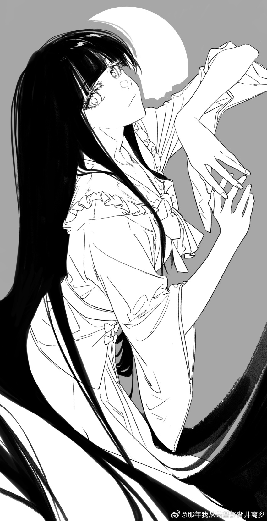 1girl absurdres bow chinese_commentary closed_mouth collared_shirt commentary_request cowboy_shot eyelashes fingernails frilled_shirt_collar frills greyscale hands_up highres hime_cut houraisan_kaguya long_hair long_sleeves looking_at_viewer monochrome shirt shirt_bow skirt solo touhou very_long_hair weibo_logo weibo_username wide_sleeves yuanjin_wenming