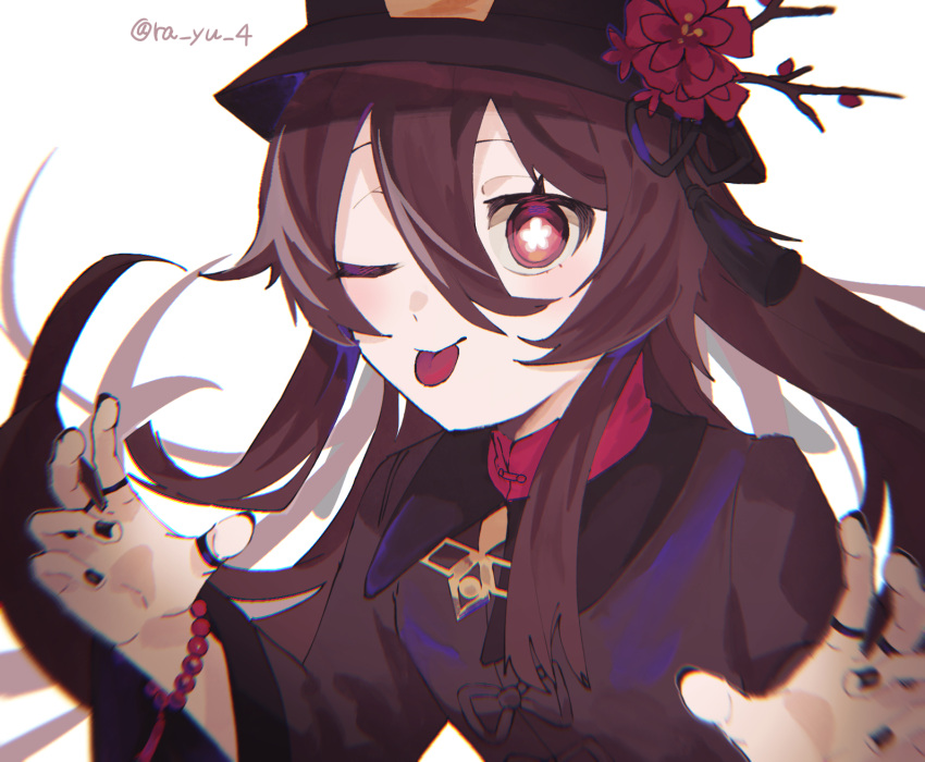 1girl ;p bead_bracelet beads black_headwear black_nails bracelet bright_pupils brown_coat brown_hair coat flower flower-shaped_pupils genshin_impact hair_between_eyes hat hat_flower hat_tassel highres hu_tao_(genshin_impact) jewelry kaiko_(pixiv_42903528) light_blush long_hair long_sleeves looking_at_viewer one_eye_closed orange_eyes simple_background solo symbol-shaped_pupils tongue tongue_out twintails twitter_username upper_body white_background white_pupils
