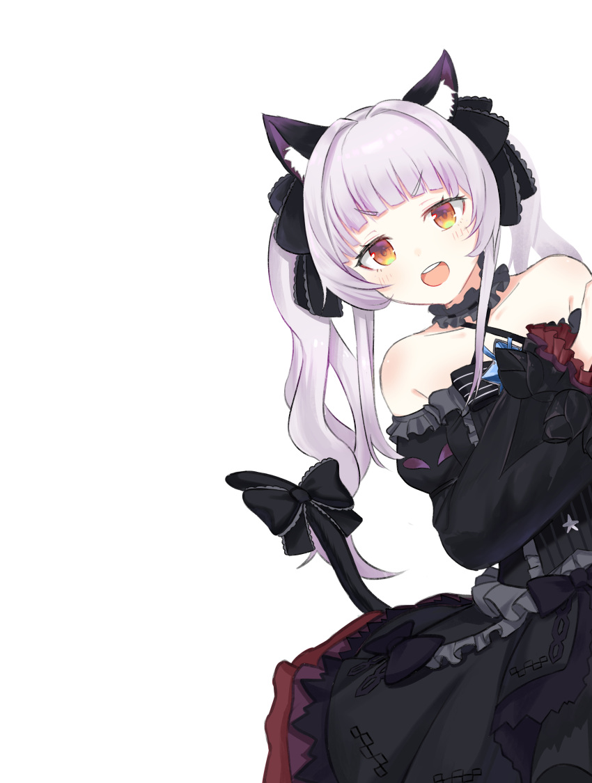 1girl absurdres animal_ear_fluff animal_ears black_dress black_tail cat_tail choker detached_sleeves dress frilled_choker frilled_dress frilled_ribbon frilled_sleeves frills gothic_lolita grey_hair hair_ribbon highres hololive juliet_sleeves lolita_fashion long_sleeves looking_at_viewer medium_hair murasaki_shion murasaki_shion_(5th_costume) off-shoulder_dress off_shoulder peeking_out puffy_sleeves ribbon simple_background solo tail twintails virtual_youtuber white_background yellow_eyes zapik