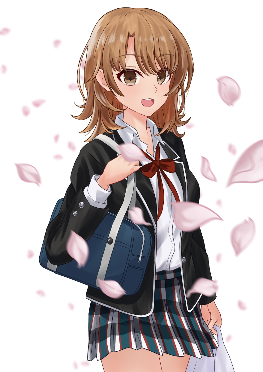 1girl :d absurdres bag black_jacket blazer brown_eyes brown_hair cherry_blossoms collared_shirt commentary_request cowboy_shot highres holding holding_bag isshiki_iroha jacket long_sleeves medium_hair neck_ribbon open_clothes open_jacket open_mouth plaid plaid_skirt plastic_bag pleated_skirt red_ribbon ribbon school_bag school_uniform shirt simple_background skirt smile sobu_high_school_uniform solo standing teeth upper_teeth_only user_yja4775 white_background white_shirt yahari_ore_no_seishun_lovecome_wa_machigatteiru.