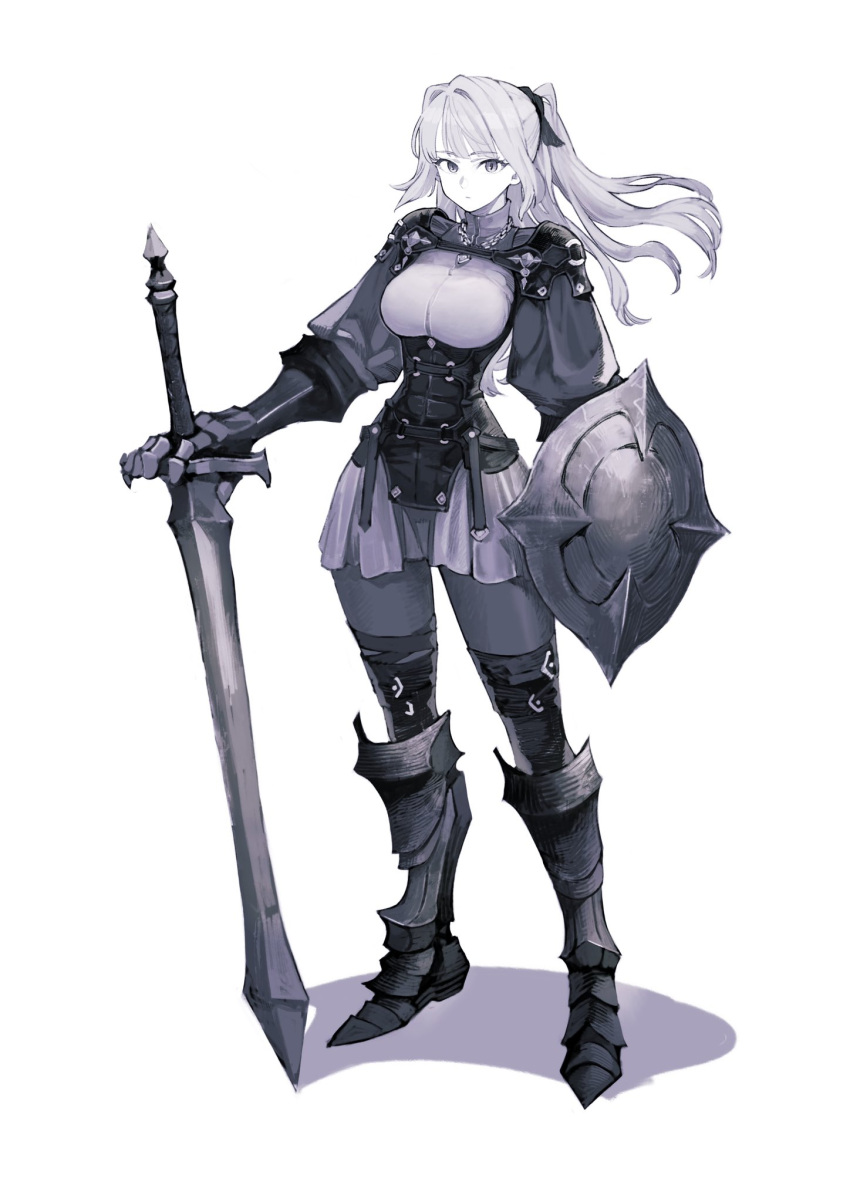1girl armor breasts colored_skin full_body grey_eyes grey_hair highres holding holding_shield holding_sword holding_weapon jun_(navigavi) long_hair looking_at_viewer medium_breasts original ponytail shadow shield simple_background slit_pupils solo standing sword weapon white_background white_skin