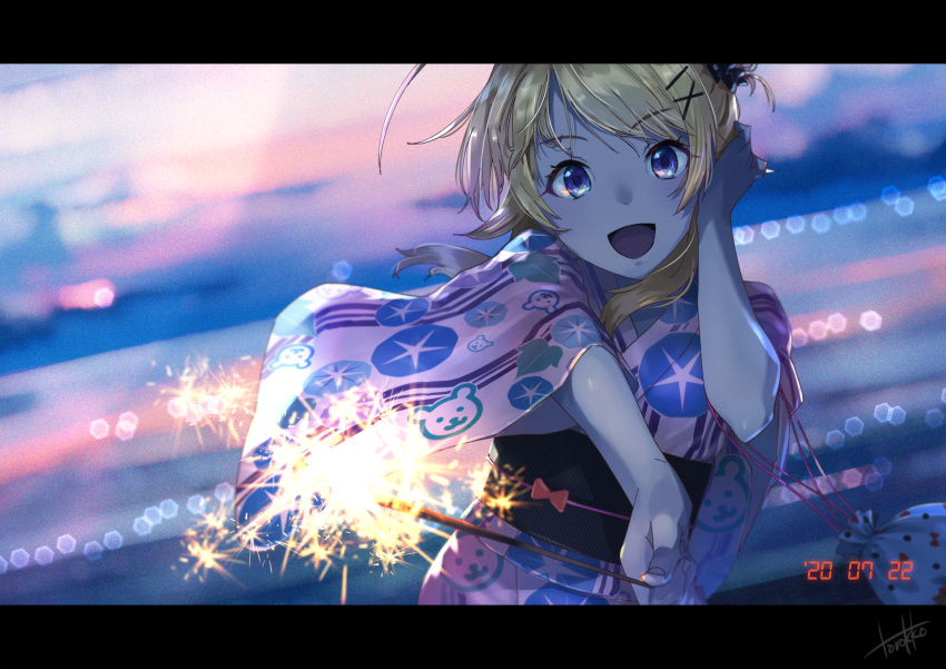 1girl animal_print bear_print black_bow blonde_hair blue_eyes blurry blurry_background blush bow breasts cowboy_shot dated floral_print hachimiya_meguru hair_ornament hairclip hand_on_own_face hands_up highres holding_fireworks idolmaster idolmaster_shiny_colors japanese_clothes kimono kinchaku large_breasts letterboxed long_hair long_sleeves looking_at_viewer low_twintails morning_glory_print obi obijime open_mouth pink_kimono pouch print_kimono sash signature smile solo standing torokko twintails wide_sleeves yukata