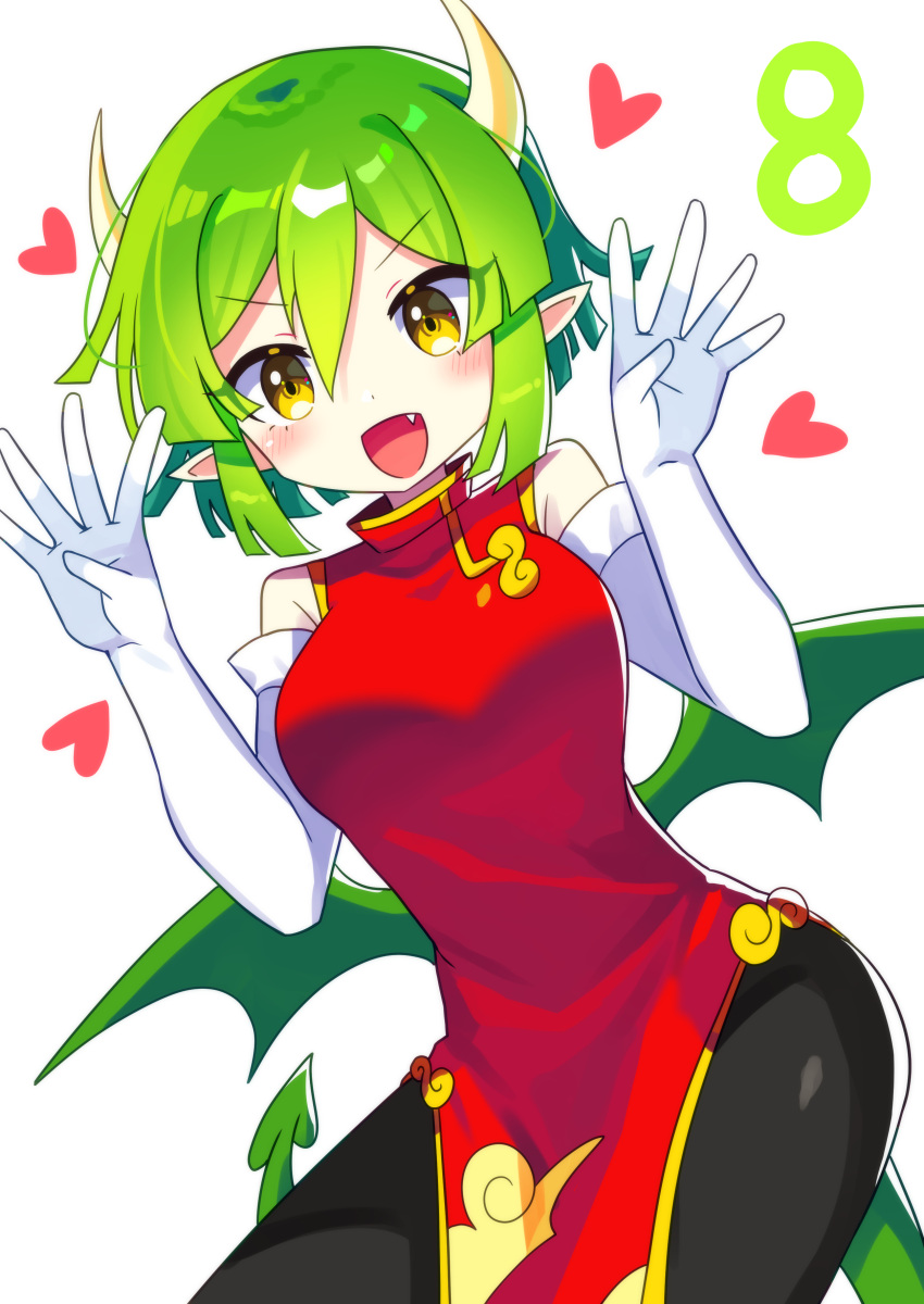 1girl absurdres black_pants blush breasts china_dress chinese_clothes draco_centauros dragon_girl dragon_horns dragon_tail dragon_wings dress elbow_gloves fang gloves green_hair heart highres horns looking_at_viewer medium_breasts offbeat open_mouth pants pointy_ears puyopuyo red_dress short_hair simple_background sleeveless sleeveless_dress smile solo tail white_background white_gloves wings