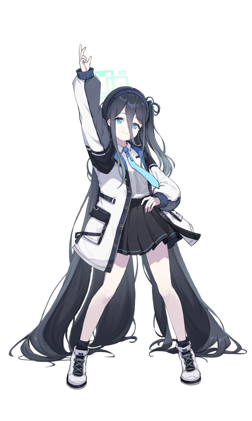 1girl absurdly_long_hair absurdres aris_(blue_archive) arm_up black_hair black_skirt black_socks blue_archive blue_eyes blue_necktie coat collared_shirt commentary_request full_body hair_between_eyes hairband halo head_tilt henshin_pose highres kamen_rider kamen_rider_black_rx_(series) long_bangs long_hair long_sleeves looking_at_viewer necktie one_side_up open_clothes open_coat parody pleated_skirt pocket qiancong school_uniform shirt shoes sidelocks simple_background skirt smile sneakers socks solo spread_legs standing two-tone_coat very_long_hair white_background white_shirt