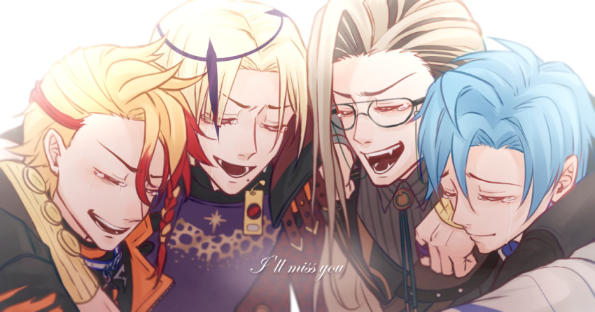 4boys axel_syrios blonde_hair blue_hair closed_eyes english_commentary english_text fangs glasses grey_hair group_hug hair_between_eyes holostars holostars_english holotempus hug jacket long_hair magni_dezmond male_focus multicolored_hair multiple_boys noir_vesper open_mouth redhead regis_altare shirt shizutsuki0622 short_hair streaked_hair tears virtual_youtuber