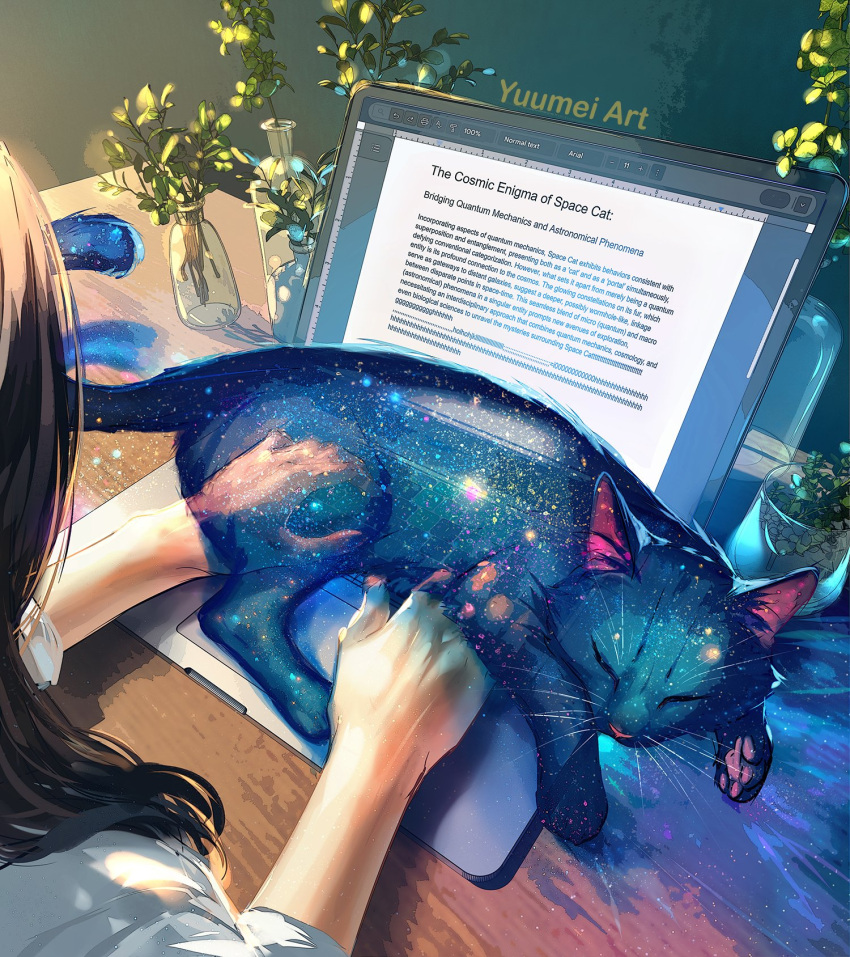 1girl animal animal_focus artist_name cat computer english_commentary english_text highres laptop long_sleeves original plant sitting space_cat_(yuumei) space_print starry_sky_print vase writing yuumei