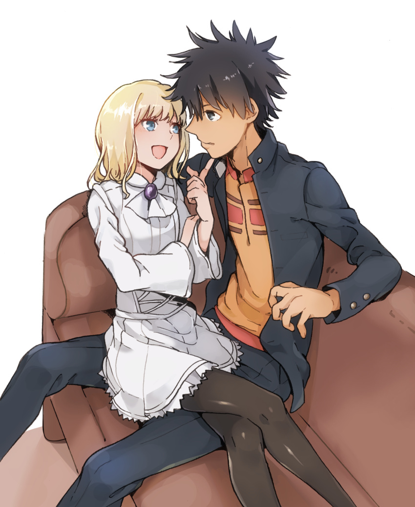 1boy 1girl :d ascot black_hair black_jacket black_pants black_pantyhose blonde_hair blue_eyes brown_shirt collared_jacket commentary_request couch crossed_legs dress eye_contact hand_on_another's_chin highres index_finger_raised jacket kamijou_touma leivinia_birdway long_sleeves looking_at_another medium_hair nanaheibei_3 on_couch pants pantyhose shirt short_dress sitting sitting_on_lap sitting_on_person smile spiky_hair toaru_majutsu_no_index white_ascot white_background white_dress