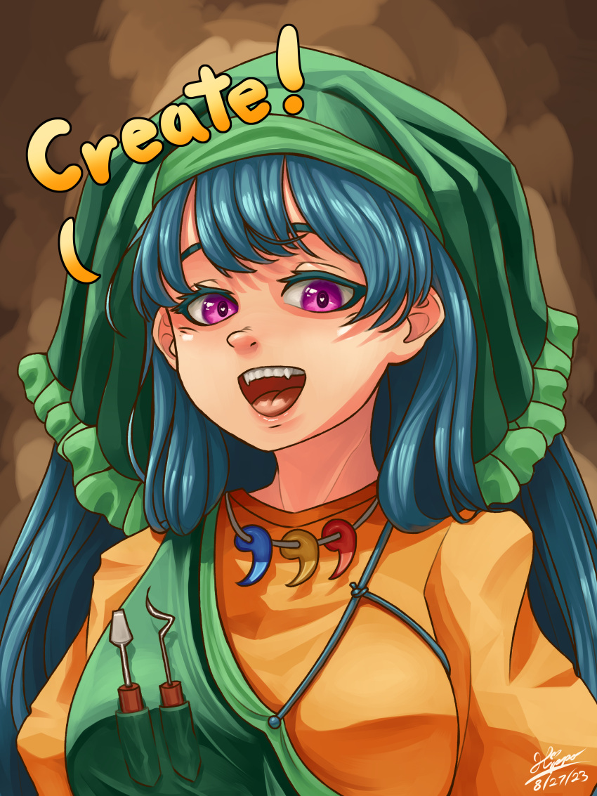 1girl absurdres blue_hair breasts brown_background commentary dated english_commentary english_text green_headwear haniyasushin_keiki head_scarf heart heart-shaped_pupils highres hippppodraw jewelry long_hair looking_at_viewer magatama magatama_necklace necklace open_mouth pink_eyes signature smile solo symbol-shaped_pupils teeth tongue touhou upper_body upper_teeth_only wood_carving_tool