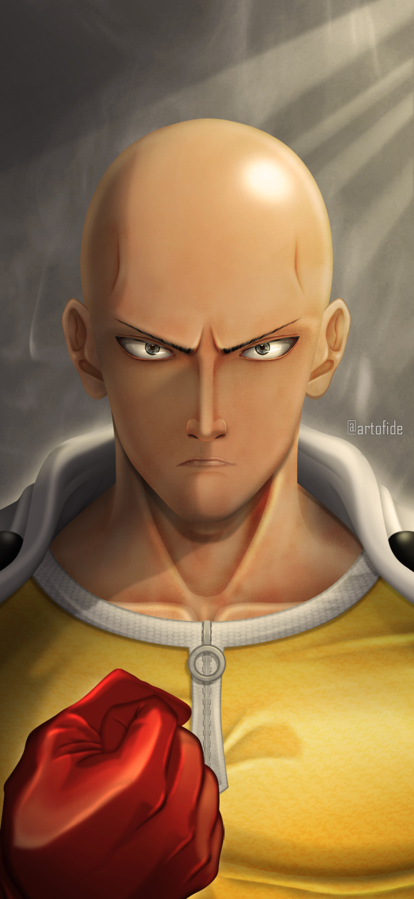 1boy angry artist_name artofide bald black_eyes cape clenched_hand closed_mouth deviantart_username english_commentary gloves highres jumpsuit looking_at_viewer male_focus one-punch_man red_gloves saitama_(one-punch_man) solo superhero upper_body v-shaped_eyebrows white_cape yellow_jumpsuit