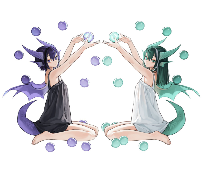 2girls aqua_eyes aqua_horns aqua_tail aqua_wings arms_up bare_legs barefoot black_chemise black_hair highres horns long_hair looking_at_viewer multiple_girls original purple_horns purple_tail purple_wings rinotuna short_hair simple_background violet_eyes white_background white_chemise wings