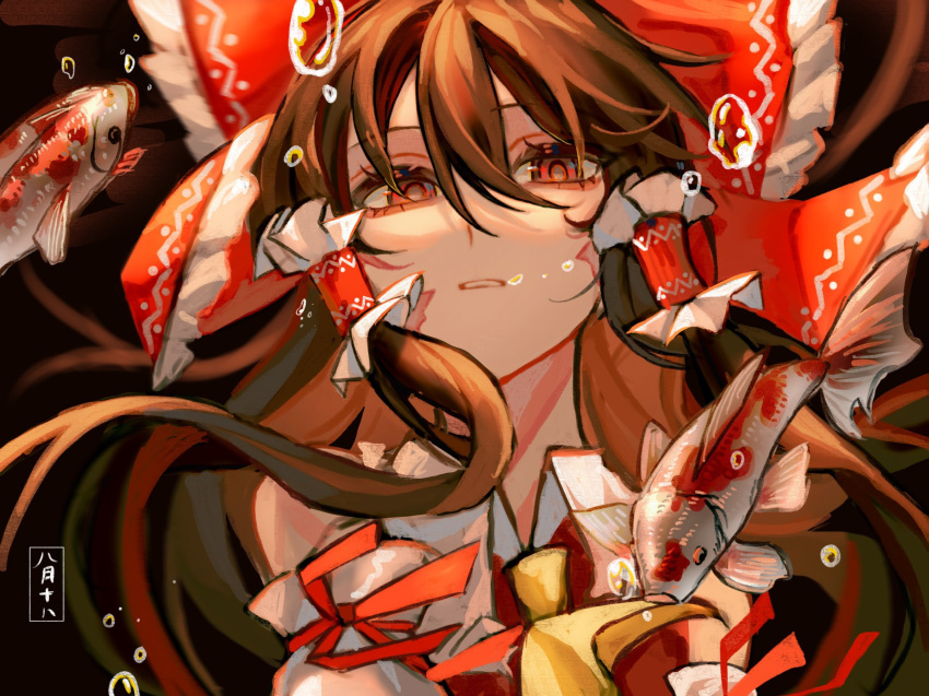 1girl artist_name ascot bow brown_hair bubble detached_sleeves fish floating_hair frilled_bow frilled_hair_tubes frills hair_between_eyes hair_bow hair_tubes hakurei_reimu highres koi long_hair looking_at_viewer pangbailaila parted_lips portrait red_bow red_eyes red_ribbon red_vest ribbon sidelocks solo touhou vest white_sleeves yellow_ascot