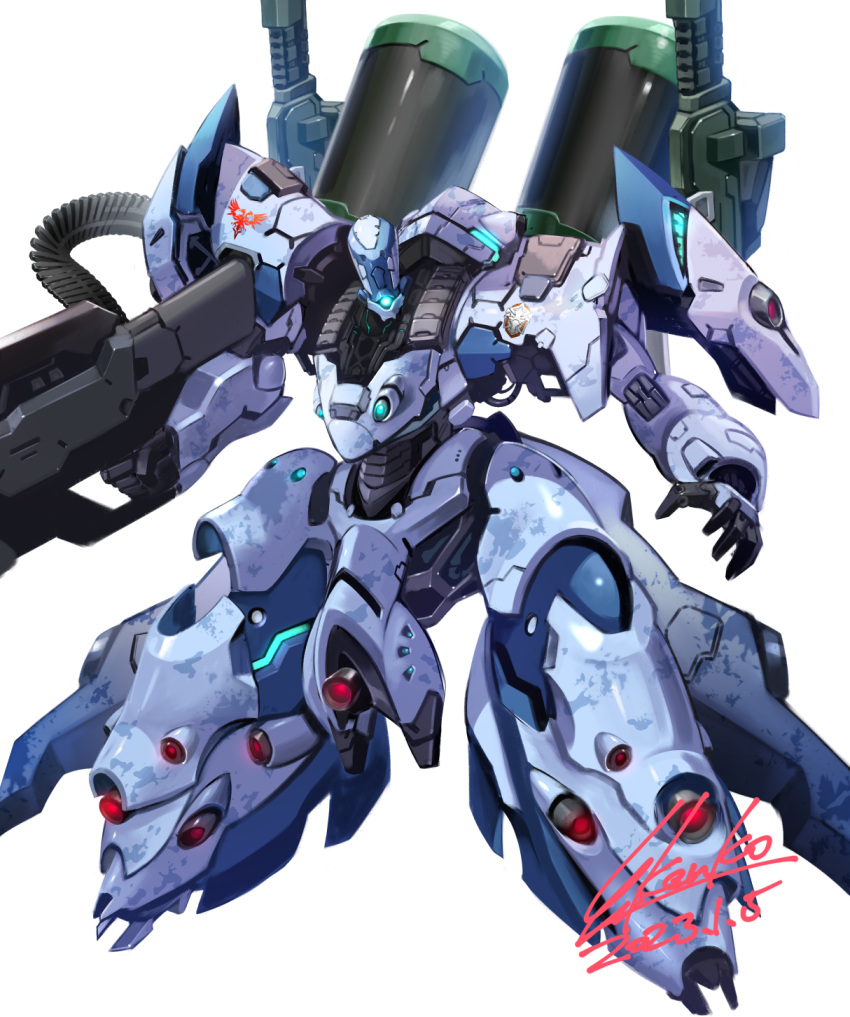 belt_feed blue_eyes commission dated glowing glowing_eye gun highres holding holding_gun holding_weapon kenko_(a143016) looking_at_viewer mecha one-eyed open_hand original robot signature skeb_commission weapon white_background