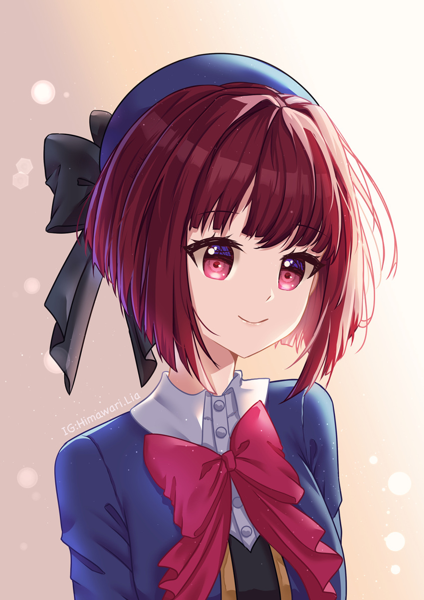 1girl arima_kana beret black_sweater_vest blue_headwear blue_vest bob_cut closed_mouth collar hat highres himawari_lia inverted_bob light_smile looking_to_the_side oshi_no_ko pink_ribbon red_eyes redhead ribbon school_uniform short_hair simple_background smile solo sweater_vest upper_body vest white_collar youtou_high_school_uniform