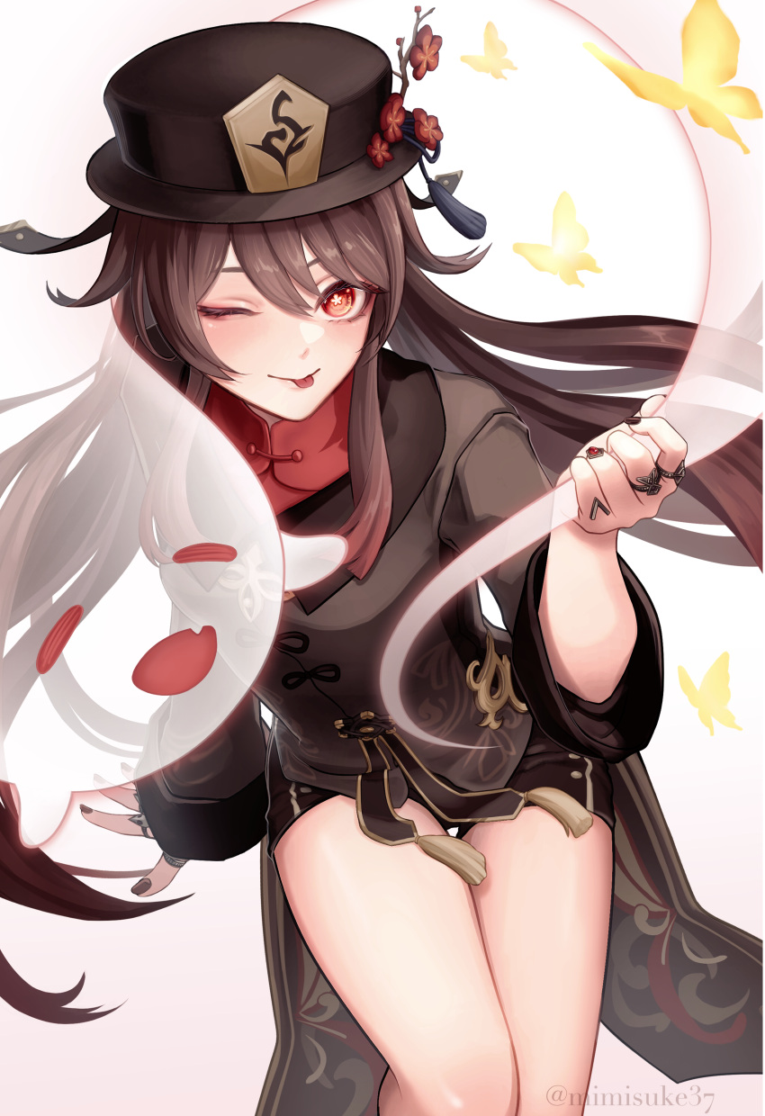 1girl ;p absurdres bare_legs brown_coat brown_hair brown_headwear brown_shorts bug butterfly closed_mouth coat coattails flower flower-shaped_pupils genshin_impact ghost hat hat_flower hat_tassel highres hu_tao_(genshin_impact) jewelry long_hair looking_at_viewer mimisuke37 multiple_rings one_eye_closed orange_eyes ring shorts simple_background solo symbol-shaped_pupils tongue tongue_out twintails twitter_username white_background
