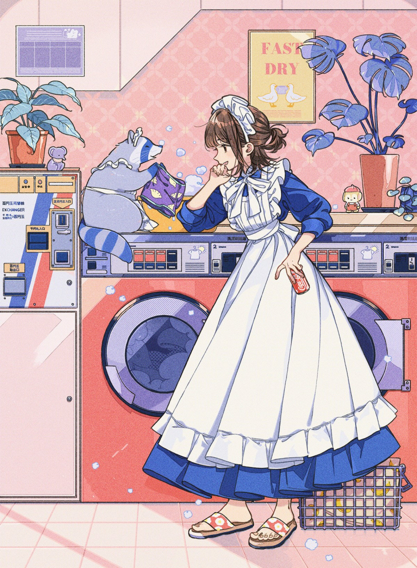 1girl 1other apron blue_eyes brown_eyes brown_hair can coca-cola commentary_request cup elbow_rest facing_animal facing_to_the_side hand_on_own_chin hand_on_own_face highres holding holding_can holding_cup keishin laundry_basket looking_to_the_side maid maid_headdress open_mouth original plant potted_plant slippers standing washing_machine white_apron